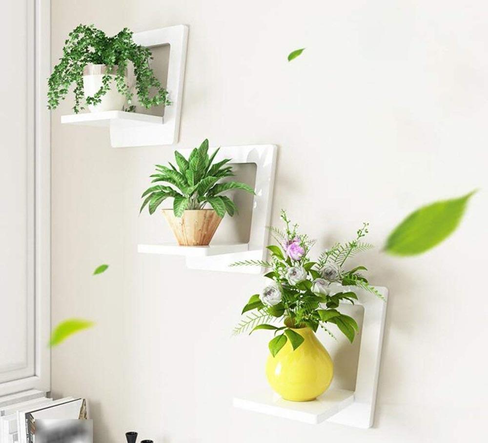 Wooden Rectangle White Decorative MDF Wall Shelf With Flower Pot plant stand shelf plant shelf