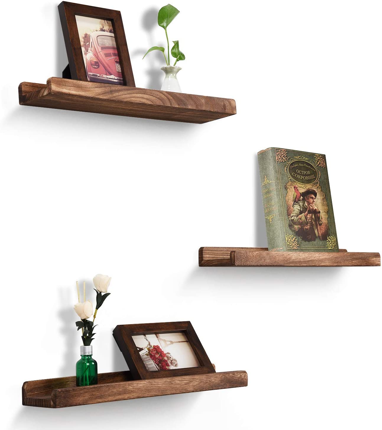 Wood Picture Ledge Shelf Rustic Floating Shelves Set Of 3 Storage Display 16.9 Inch Carbonized Black Wall Shelves