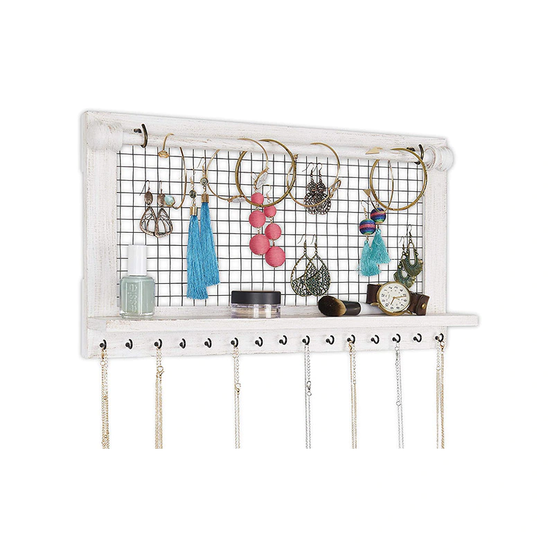 Shabby Chic Jewelry Organizer with Removable Bracelet Rod from Wooden Wall Mounted Holder for Earrings GSH611