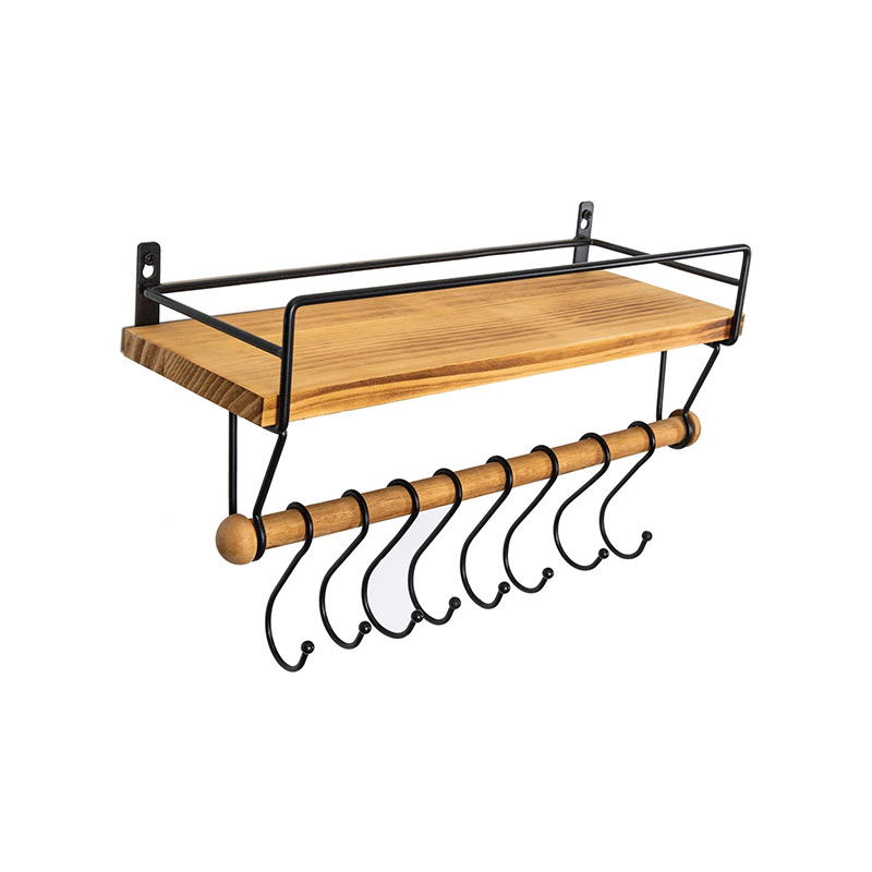 Floating Wall Shelf Wood Kitchen Spice Rack and Bathroom Shelf with Rail 8 Hooks Carbonized BlackGSH307