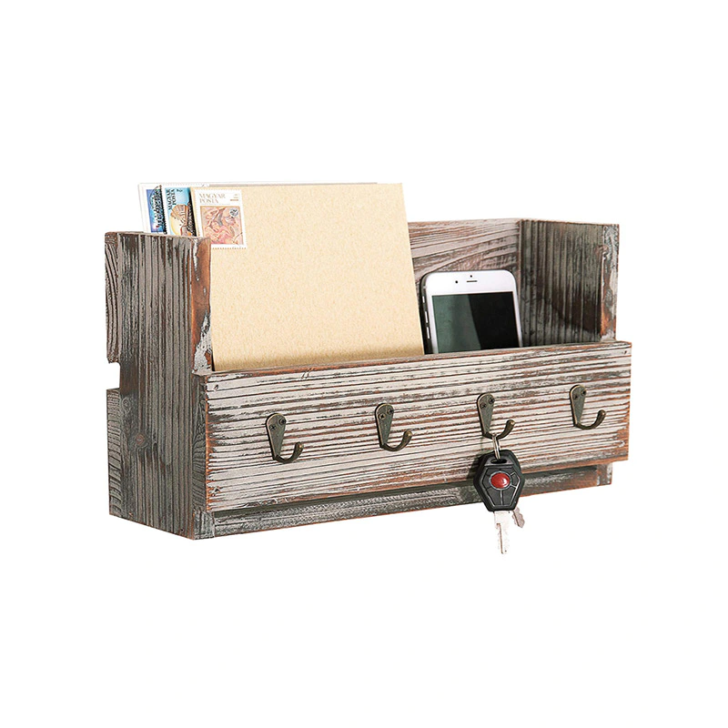 Rustic Gray Wood Wall Mounted Mail Holder Organizer with 4 Key Hooks GSH158