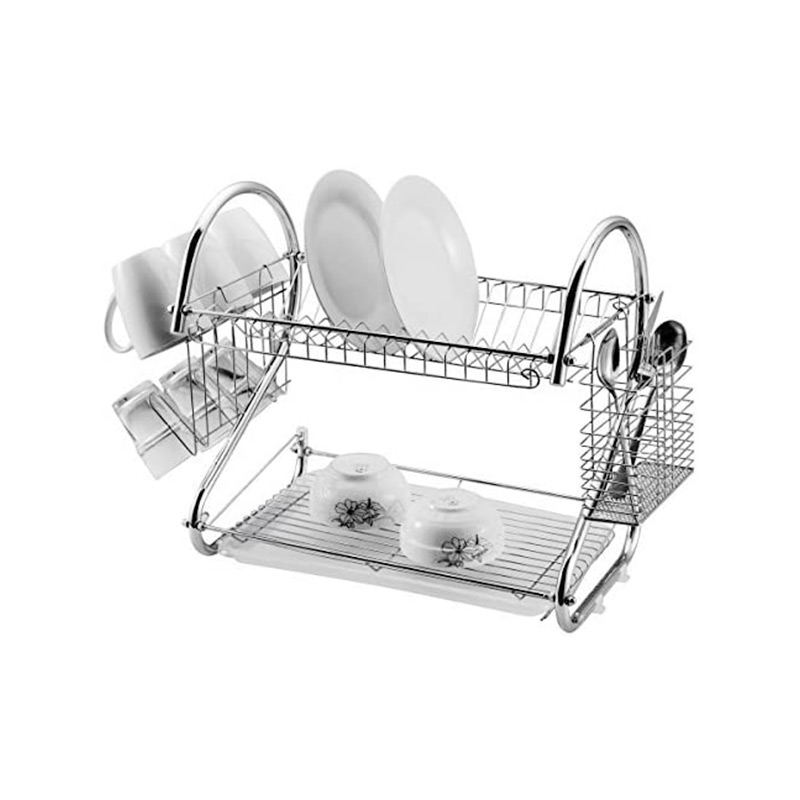 Modern 18 inch 2 Tier Chrome Dish Drainer Rack Holder Durable for Cutlery  GSH383