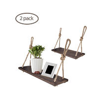 Rope Hanging Floating Shelves, Rustic Wood Wall Decor Swing Shelf with 4 Hooks, Pack of 2 GSH552
