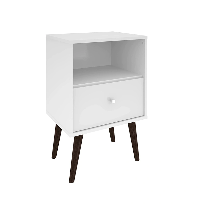 Mid Century Modern Nightstand With One Open Shelf and One Drawer, Splayed Legs, White GSH652