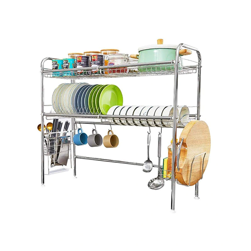 Over The Sink Dish Drying Rack,2-Tier SUS304 Large Dish Drainers for Kitchen Counter Made of Length Adjustable Stainless Steel-Silver(Sink Width Limit (Sink Size ≤ 35 INCH)  GSH668
