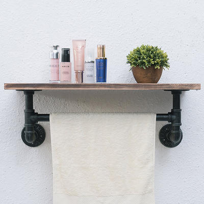 Wood Floating Shelves with Towel Bar,Rustic 1 Tiered Pipe Shelves GSH123
