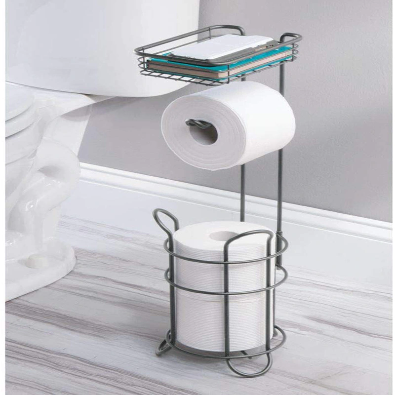 Metal Wire Toilet Paper Roll Holder Stand and Dispenser with Storage Shelf GSH146
