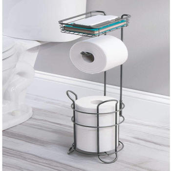 Metal Wire Toilet Paper Roll Holder Stand and Dispenser with Storage Shelf GSH146