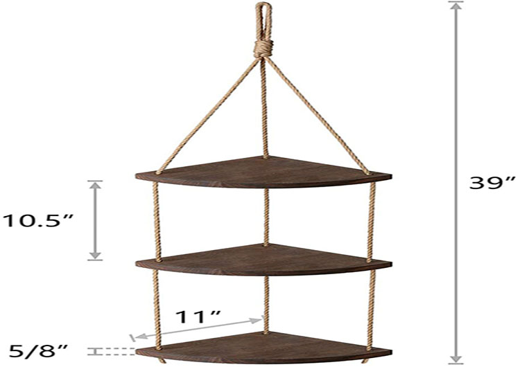Hanging Corner Shelf 3 Tier Jute Rope Wood Wall Floating Shelves