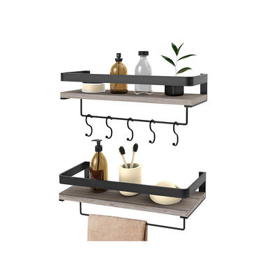 Wood Floating Shelves 2 Set with Rail, Towel Bar and 5 Hooks GSH455