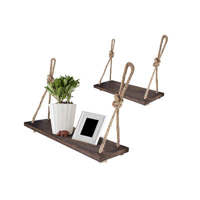 Wood Rope Hanging Shelves Rustic Shelf with 4 Hooks,Pack of 2 GSH456