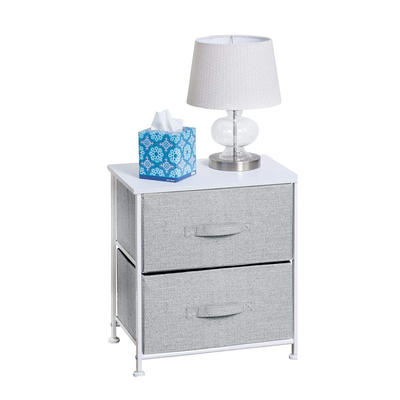 Night Stand/End Table Storage Tower - Sturdy Steel Frame, Wood Top, Easy Pull Fabric Bins - Organizer Unit for Bedroom, Hallway, Entryway, Closets - Textured Print - 2 Drawers - Gray/White GSH580