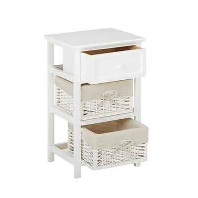 White Night Stand 3 Tiers 1 Drawer Bedside End Table Organizer Wood W/2 Baskets (White) GSH579