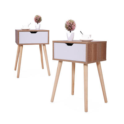 Set of 2 Bedside Table Solid Wood Legs Nightstand with White Storage Drawer (Brown) GSH585