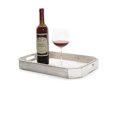 Rustic Whitewashed Wood Serving Tray with Cut-out Handles and Angled Edges GSH510