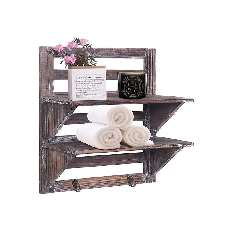 Rustic Shelves Bathroom Shelf Toilet Wood Wall Mounted Shelves Floating Wall Shelves 2 Hooks 2-Tier GSH407