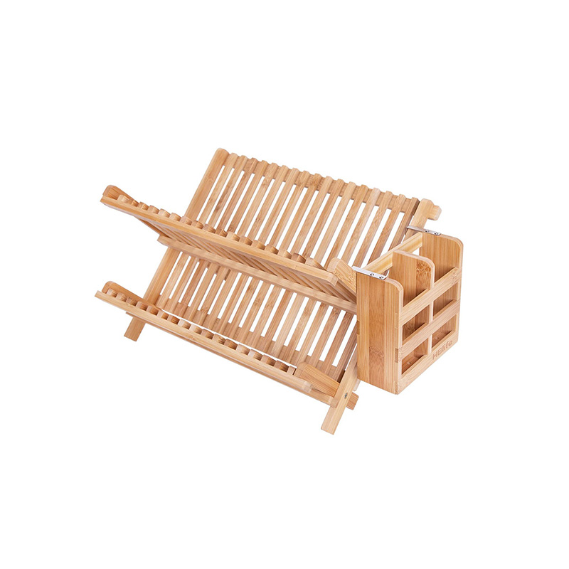 Dish Rack Bamboo Folding 2-Tier Collapsible Drainer Dish Drying Rack With Utensils Flatware Holder Set GSH390